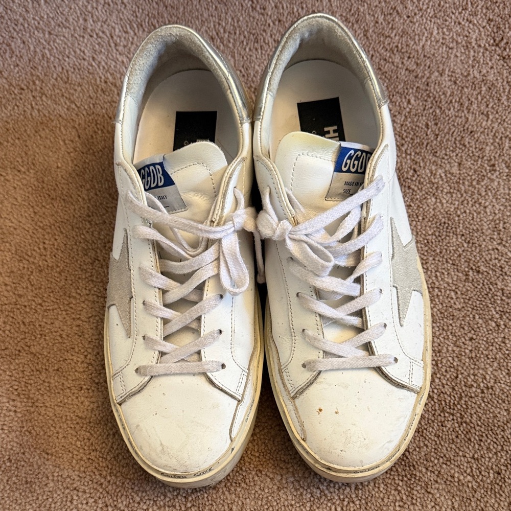 Golden Goose White and Silver Sneakers
